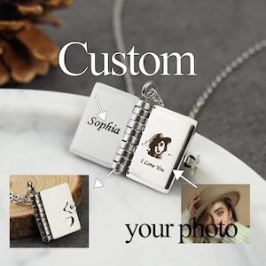 Collar con medallón de libro personalizado, collar con mensaje personalizado y nombre, collar con libro grabado en plata y oro, regalo de San Valentín, regalo de aniversario