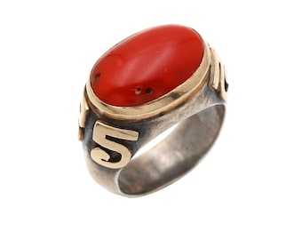 Antieke 18k gouden oude Romeinse ring, 925 sterlingzilveren Romeinse ring, oud-Romeins natuurlijk koraalring, ring geboortesteen april, handgemaakte ring