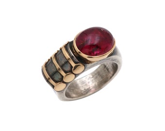 Antique Roman Style Pink Tourmaline Ring, 18k Gold & Sterling Silver