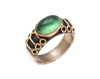 Antique 18k Gold Green Tourmaline Ring, 925 Sterling Silver Roman Style