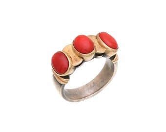 Ancient Roman Coral Ring, 18k Gold & Sterling Silver, Handmade