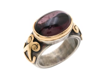 Antique Roman Style Wine Tourmaline Ring, 18k Gold & Sterling Silver