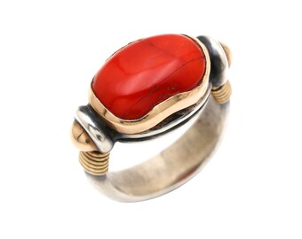 Handmade 18k Gold Sterling Silver Coral Ring, Ancient Roman Style