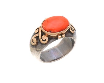 Ancient Roman Coral Ring, 18k Gold & Sterling Silver, Handmade