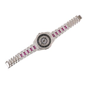 925 Sterling Silver Watch Studded with American Diamond and Ruby. Diamond Watch, Silver Watch for Male, Silver Diamond Watch for Man