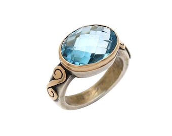 Antique Roman Style Blue Topaz Ring, 18k Gold & Sterling Silver