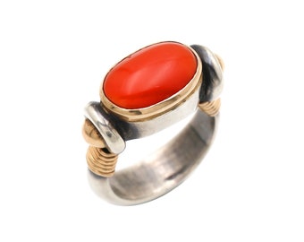 Antique 18k Gold Ancient Roman Ring, 925 Sterling Silver Roman Ring, Ancient Roman Natural Coral Ring, April Birthstone Ring, Handmade Ring