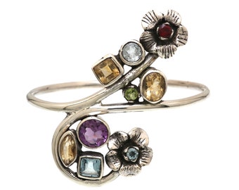 Pulsera de plata de ley 925 natural con múltiples piedras preciosas, regalo para ella, mamá, esposa, novia, brazalete hecho a mano, piedra de nacimiento, estilo bohemio