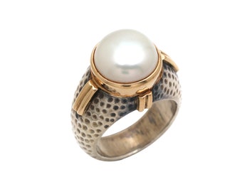 Handmade Ancient Roman Style Pearl Ring, 18k Gold & Sterling Silver