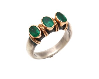 Ancient Roman Style Emerald Ring, 18k Gold & Sterling Silver, Handmade