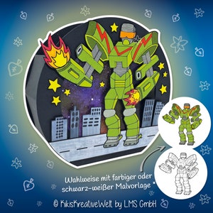 May include: A green robot with a jetpack and a flamethrower stands on a platform with a cityscape in the background. The robot is surrounded by stars. The image includes the text "Wahlweise mit farbiger oder schwarz-weißer Malvorlage * Kikis Kreative Welt by LMS GmbH".