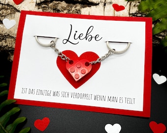 Herz Schlüsselanhänger, 2-teilig, Valentinstag, Geschenk, Freundschaft, Lego