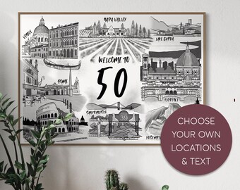 50th Birthday Personalised Travel Map Print Gift | Custom Bespoke Memories Illustration Art Milestone Birthday Gift | Birthday Poster