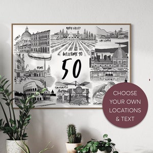 50e verjaardag gepersonaliseerd cadeau reiskaart | Aangepaste op maat gemaakte herinneringen illustratie kunst mijlpaal verjaardagscadeau | Verjaardagsposter