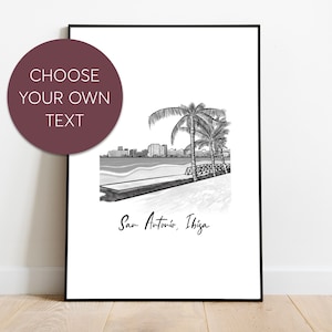 Ibiza San Antonio e spiaggia Stampa di viaggio personalizzata / Arte personalizzata dei ricordi delle vacanze / Regalo di viaggio Ibiza San Antonio / Decorazione unica per la spiaggia