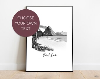 St Lucia The Pitons and Beach Custom Travel Print | Personalized Holiday Memories Art | Gros & Petit Pitons Travel Gift | Unique Beach Decor