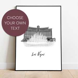 Personalised Las Vegas USA Travel Print | Holiday Memories Illustration | Wall Art | Travel Bellagio Hotel Nevada Poster Gift | Wall Decor