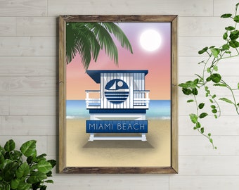 Miami Beach Travel Print | Florida Retro Hand Drawn Colourful Poster | Holiday Memories | Birthday gift Anniversary Christmas present
