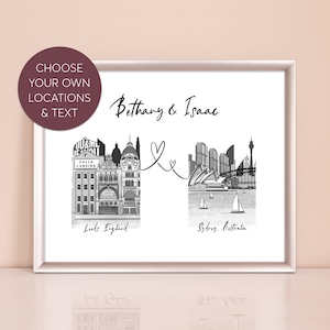 Impression personnalisée de deux villes | Cadeau relation longue distance | Famille interurbaine | Carte Love Two Locations | Cadeau de mariage Cadeau de couple
