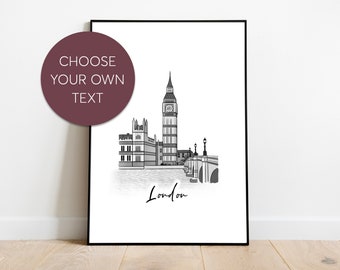 Gepersonaliseerde Londen UK Travel Print | Vakantieherinneringen Illustratie | Houses of Parliament, Big Ben, Westminster Bridge Travel Poster Cadeau
