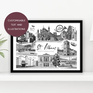 Aanpasbare print St. Albans-monument Hertfordshire, VK | Gepersonaliseerde herinneringenkunst | Unieke muurillustratie | Aangepast cadeau voor nieuw huis