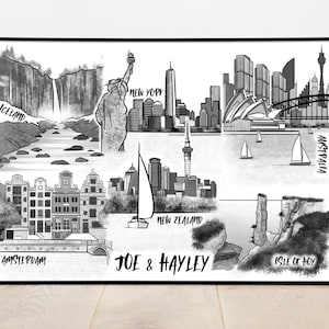Personalisierter Jahrestag Druck | Handgezeichnetes Poster | Reiseerinnerungen Illustration | Paare Kunst | 1.Papier Hochzeitsgeschenk