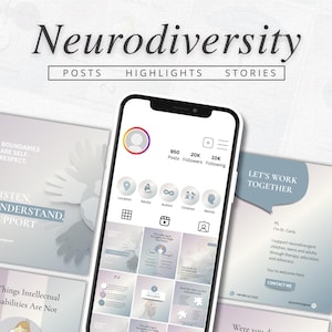 Può includere: Uno smartphone mostra un profilo di social media con la parola "Neurodiversità". Lo schermo mostra post, highlights e storie. Il design è in tonalità viola e blu, con il logo Canva in alto a destra.