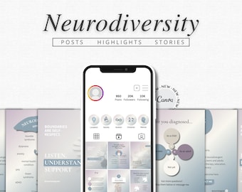 Modèles Instagram Canva pour la neurodiversité : outils pour thérapeutes et coachs | Kit réseaux sociaux modifiable pour une pratique inclusive des personnes neurodivergentes