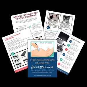 Könnte beinhalten: Ein farbenfroher Leitfaden zur Mamma-Sonographie mit einer 10-stufigen Roadmap. Das Cover zeigt eine Illustration einer Hand, die einen Ultraschallkopf über die Brust einer Person hält. Der Text auf dem Cover lautet "Der Anfängerleitfaden für die Mamma-Sonographie".