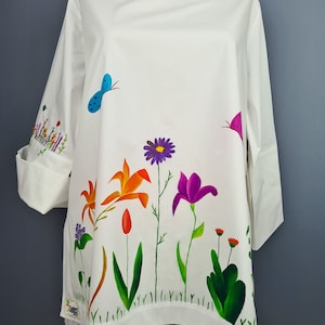 Flowers hand painted shirt with hand embroidered details for woman