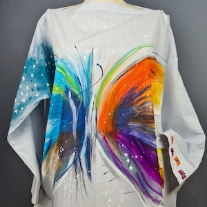 Butterfly hand painted shirt with hand embroidered details for woman