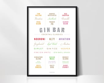 Gin Cocktail Classics Print, Gin Lovers Print, Gin Cocktails Print, Cocktails Poster, Cocktail Gift