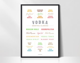 Wodka Cocktail Klassiker Druck, Wodka Liebhaber Druck, Wodka Cocktails Bar Druck, Cocktails Poster, Cocktail Geschenk