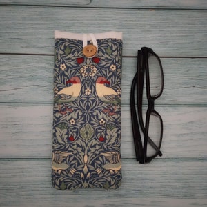 William Morris, glasses case, fabric glasses case, soft padded sleeve, soft glasses, spectacles case, eyeglasses case, reading glasses case Bird Blue