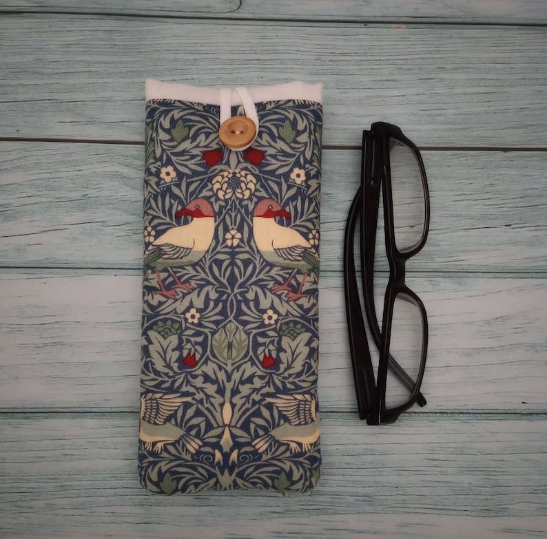 William Morris, glasses case, fabric glasses case, soft padded sleeve, soft glasses, spectacles case, eyeglasses case, reading glasses case Bird Blue