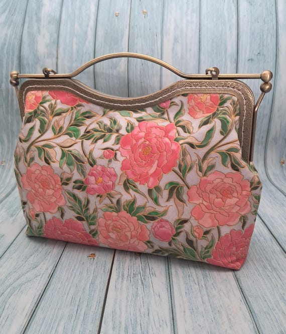 Vintage Floral Purse, Kiss Clasp Purse, Small Clutch, Evening Bag
