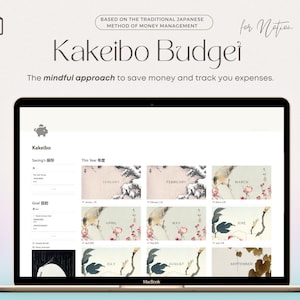 Puede incluir: Un ordenador portátil que muestra un sitio web con el texto "Kakeibo Budget" y un gráfico de una alcancía. El sitio web es una herramienta de presupuestación basada en el método tradicional japonés de gestión del dinero. El sitio web está dividido en secciones para ahorros, objetivos y gastos mensuales. El sitio web también incluye un calendario con imágenes de pájaros y flores para cada mes.