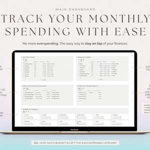 May include: A laptop computer screen displaying a budgeting spreadsheet with sections for income tracker, expense tracker, debts and savings transactions, debts and savings balance, and budget by category. The text "TRACK YOUR MONTHLY SPENDING WITH EASE" is at the top of the screen. The text "No more overspending. The easy way to stay on top of your finances." is below the title. The text "SEE HOW MUCH BUDGET IS LEFT FOR EACH EXPENSES CATEGORY" is at the bottom of the screen.