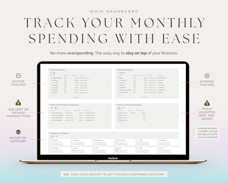 May include: A laptop computer screen displaying a budgeting spreadsheet with sections for income tracker, expense tracker, debts and savings transactions, debts and savings balance, and budget by category. The text "TRACK YOUR MONTHLY SPENDING WITH EASE" is at the top of the screen. The text "No more overspending. The easy way to stay on top of your finances." is below the title. The text "SEE HOW MUCH BUDGET IS LEFT FOR EACH EXPENSES CATEGORY" is at the bottom of the screen.