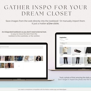 May include: Two laptop screens showing a digital lookbook app for organizing and saving fashion inspiration. The app features a grid of images of clothing and accessories, and a section for saving outfits. The text on the screen reads "Gather Inspo for Your Dream Closet" and "Inspiration".