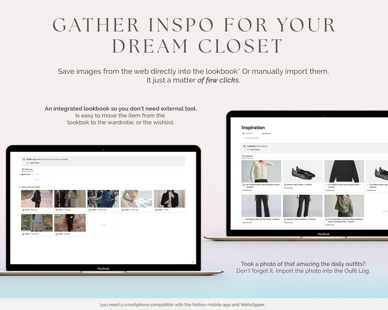 May include: Two laptop screens showing a digital lookbook app for organizing and saving fashion inspiration. The app features a grid of images of clothing and accessories, and a section for saving outfits. The text on the screen reads "Gather Inspo for Your Dream Closet" and "Inspiration".