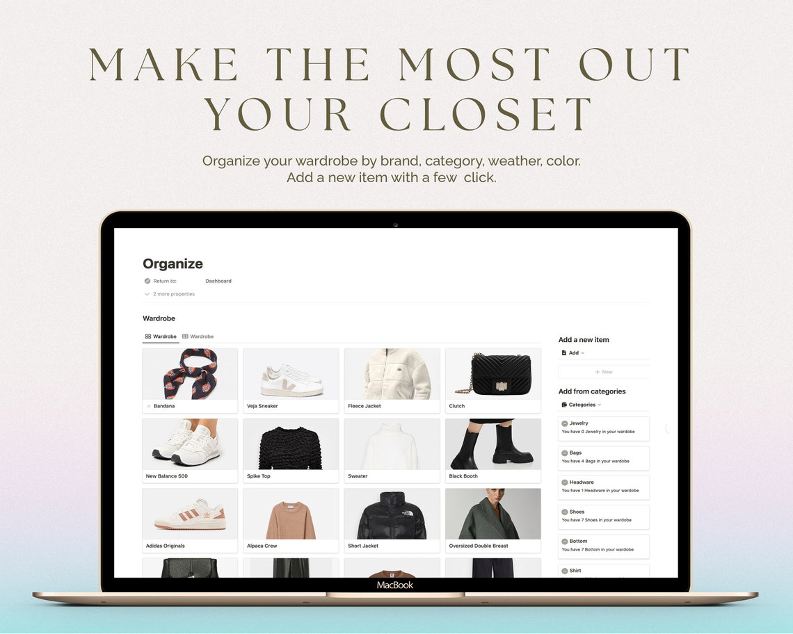 Outfit Planner Notion Template, Notion Wardrobe Manager, Notion Planner
