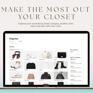 May include: A screenshot of a computer screen showing a website for organizing a wardrobe. The website has a grid of images of clothing and accessories, including a bandana, sneakers, a fleece jacket, a purse, a sweater, a table top, a black boot, a jacket, and a double-breasted coat. The website also has a section for adding new items and categories.