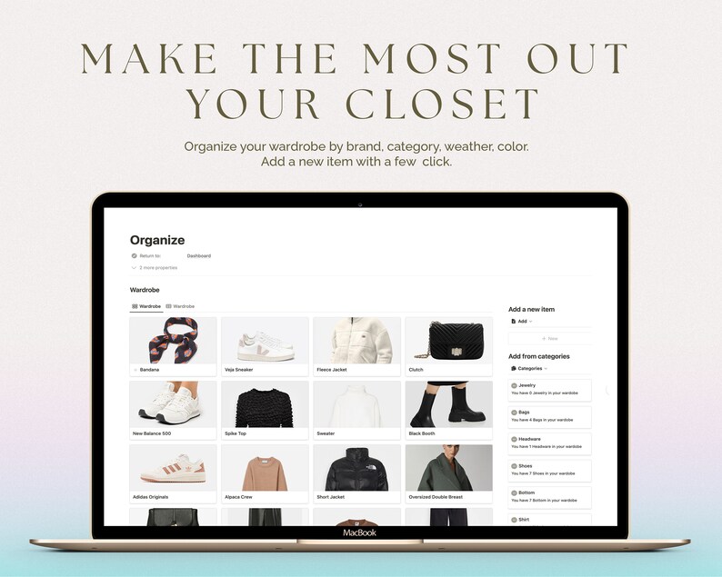 Outfit Planner Notion Template, Notion Wardrobe Manager, Notion Planner