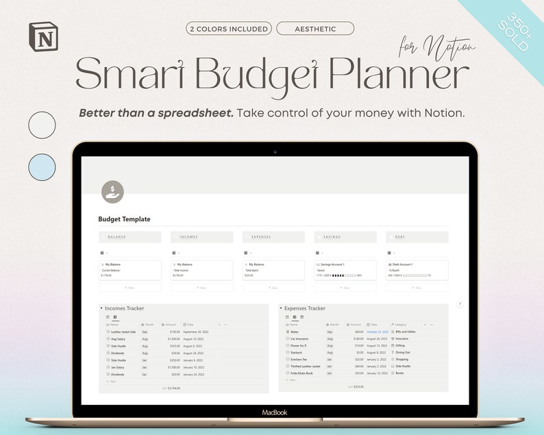 May include: A laptop computer displaying a Notion template for a budget planner. The template includes sections for balance, income, expenses, savings, and debt. The template is designed to help users track their finances and create a budget.