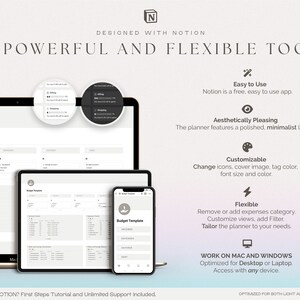May include: A screenshot of a computer screen and a mobile phone displaying a budget planner template designed using the Notion app. The template is customizable with options to change icons, cover image, tag color, font size, and color. The template is optimized for both light and dark mode.