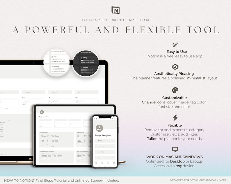 May include: A screenshot of a computer screen and a mobile phone displaying a budget planner template designed using the Notion app. The template is customizable with options to change icons, cover image, tag color, font size, and color. The template is optimized for both light and dark mode.
