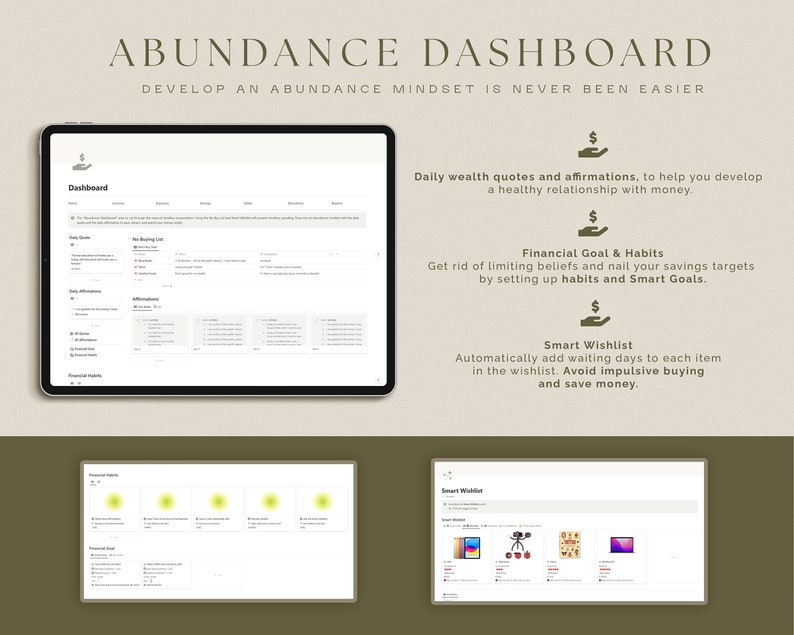 K&ouml;nnte beinhalten: Ein digitales Dashboard auf einem Tablet-Bildschirm mit dem Titel "Abundance Dashboard: Develop an Abundance Mindset is Never Been Easier". Das Dashboard enth&auml;lt Abschnitte f&uuml;r t&auml;gliche Zitate, Affirmationen, eine No-Buying-Liste, finanzielle Ziele und eine Smart Wishlist.