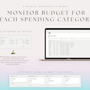 May include: A laptop screen displaying a budget spreadsheet with the title "Budget by Category". The spreadsheet shows a list of spending categories and their corresponding budgets. The image also includes a text overlay that says "A mindful approach to money. Monitor budget for each spending category. See expenses by month."