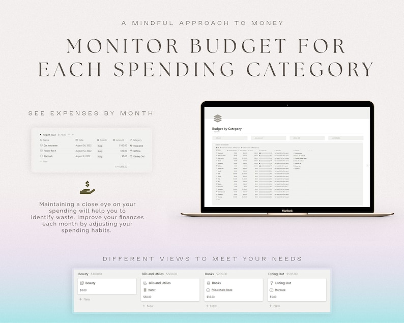 May include: A laptop screen displaying a budget spreadsheet with the title "Budget by Category". The spreadsheet shows a list of spending categories and their corresponding budgets. The image also includes a text overlay that says "A mindful approach to money. Monitor budget for each spending category. See expenses by month."